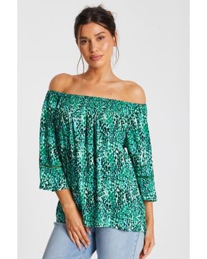 Quiz Leopard Print Bardot Top Viscose - Green