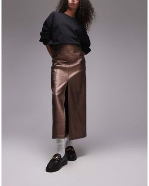 TOPSHOP Faux Leather Split Midi Skirt - Brown