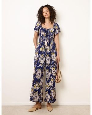 Blue Vanilla Shirred Waist Wide Leg Jumpsuit - Blue