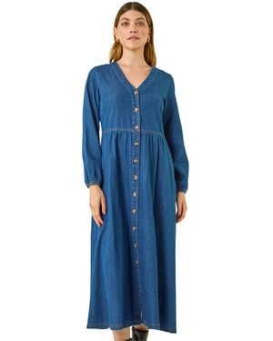 Roman Denim Button Through Midi Dress - Blue
