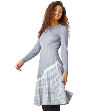 Roman Pleated Border Ribbed Knit Dress - White