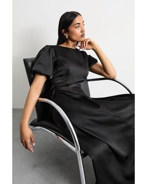 Warehouse Heavy Satin Bow Detail Godet Midi Dress - Black