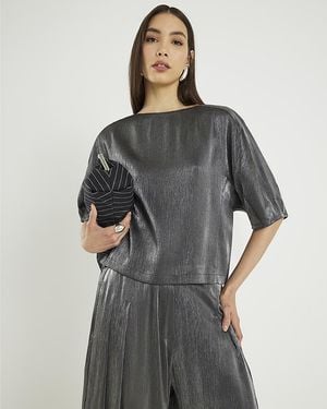 River Island Top Short Sleeve Metallic Tailored Viscose - Grey