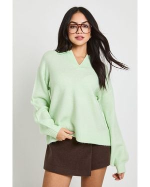 Boohoo Super Soft V Neck Collared Knitted Jumper - Green