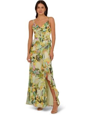 Adrianna Papell Printed Strap Cascade Gown - Metallic