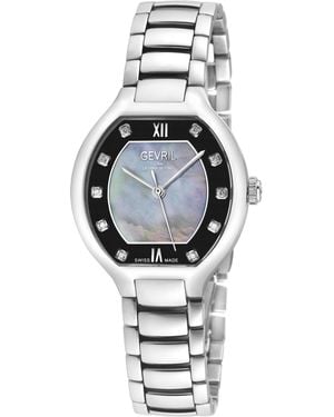 Gevril Lugano Luxury Swiss Diamond Watch, Mop Dial, 316L Stainless Steel Bracelet - Black