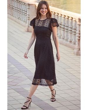 Sosandar Broderie Lace Flutter Sleeve Fit & Flare Midi Dress - Black