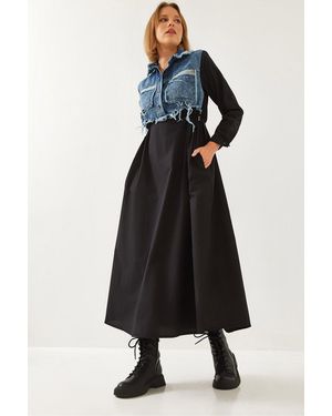 Bianco Lucci Textured Gabardine Maxi Dress With Shirt Collar And Button Closure - Blue