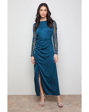 Oasis Lace Sleeve Split Front Satin Midaxi Dress - Blue