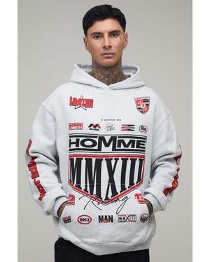 BoohooMAN Tall Marl Oversized Moto Crest Print Hoodie Cotton - Grey