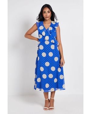 Wallis Petite Polka Dot Dobby Ruffle Midi Dress - Blue