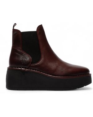 Fly London Wine Hely Chelsea Leather Ankle Pull-On Platform Comfort Boots - Brown