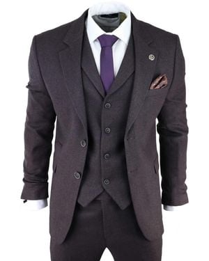 TruClothing Plum 3 Piece Tweed Herringbone Suit Peaky Blinders Classic Tailored - Blue
