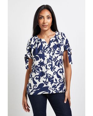 Wallis Petite Abstract Tie Sleeve Collarless Top - Blue