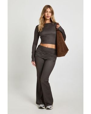 Boohoo Super Soft Stripe Long Sleeve Top & Fold Over Flare - Brown