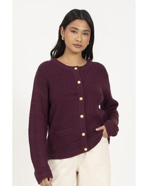 Brave Soul Round Neck Fisherman Knit Cardigan - Purple