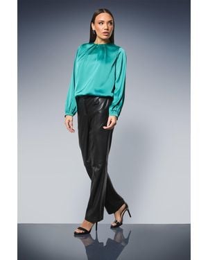 PRINCIPLES Gathered Neck Tie Waist Satin Blouse - Blue