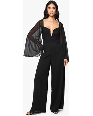 Boohoo Chiffon Pleated Long Sleeve Jumpsuit - Black