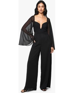 Boohoo Chiffon Pleated Long Sleeve Jumpsuit - Black