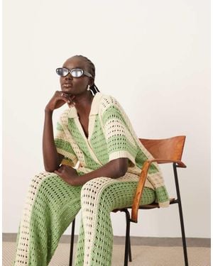 ARRANGE Knitted Vertical Stripe Oversized Shirt Co-Ord - Green
