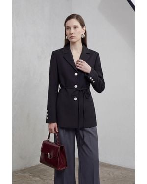 My Fashion Tie Detail Crepe Blazer Jacket - Blue