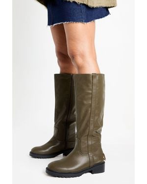 Boohoo Hardware Detail Knee High Biker Boots - Green