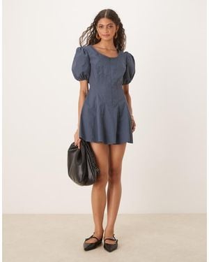ASOS Poplin Puff Sleeve Mini Dress With Godets - Blue