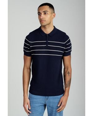 Kensington Eastside Dark Knitted Stripe Short Sleeve Zip-Up Polo Shirt - Blue