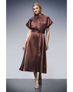 PRINCIPLES Gathered Neck Flared Skirt Satin Midi Dress - Brown