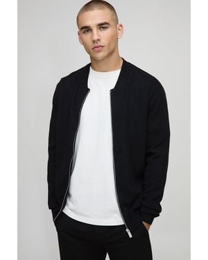 BoohooMAN Regular Fit Smart Knitted Bomber Jacket - Black