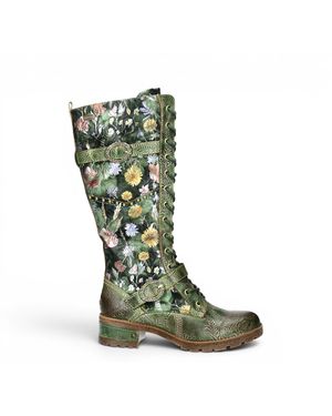 Laura Vita Victorian Floral Leather High Lace-Up Long Boots - Green