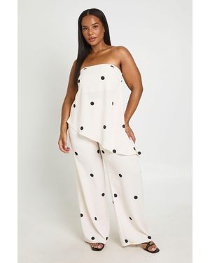 Boohoo Plus Bandeau Asym Polka Dot And Drawstring Waist Trouser - White