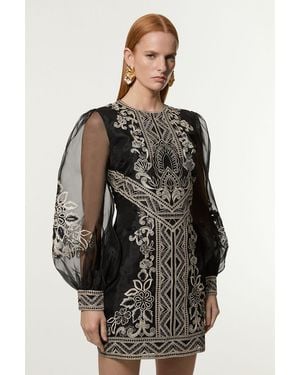 Karen Millen Petite Embroidered Organdie Balloon Woven Mini Dress - Black