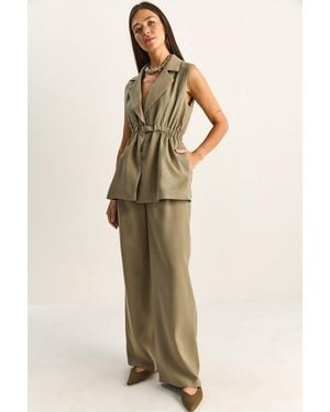 Bianco Lucci High Waist Wide Leg Co-Ord Set With Jacket Collar - Natural