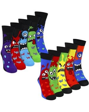Sock Snob 10 Pack Cotton Monster Socks Fun Patterned Everyday Casual - Green