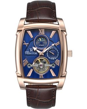 Heritor Valentin Leather-Band Watch W/Date - Blue