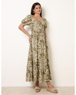 Blue Vanilla Large Floral Printed Square Neck Puff Sleeve Dress - Natural
