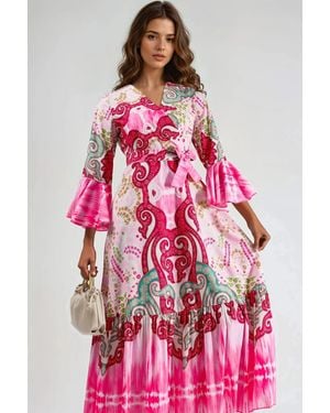 Msn-Collection Frilly Paisley V-Neck Maxi Dress - Pink