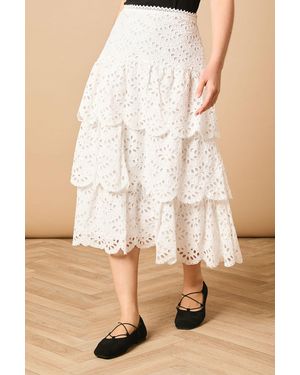 Oasis Broderie Tiered Midi Skirt - Natural