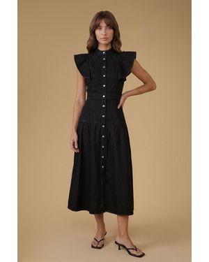 Oasis Ruffle Denim Midi Dress - Black