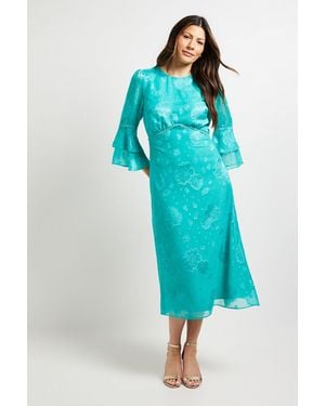 Wallis Burn Out Ruffle Sleeve Midi Dress - Blue