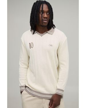 BoohooMAN Tall Regular Fit V Neck Ribbed Knitted Polo - Natural
