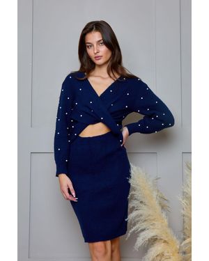 Chi Chi London Pearl Detail Twist Front Knitted Midi Dress - Blue