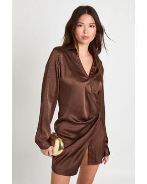 Boohoo Textured Satin Wrap Shirt Dress - Brown