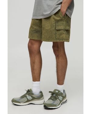 BoohooMAN Elasticated Waist Boxer Fit Washed Ripstop Cargo Shorts - Green