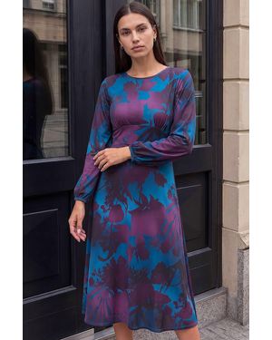 Roman Floral Fit And Flare Dress - Blue