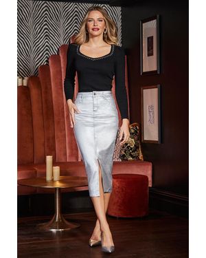 Sosandar Metallic Pencil Midi Skirt - Grey