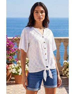 Roman Jacquard Broderie Tie Front Top - White