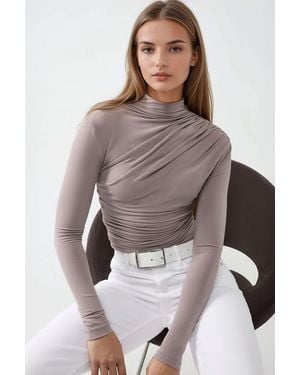 Hiccup High Collar Drape Detail Blouse - Brown