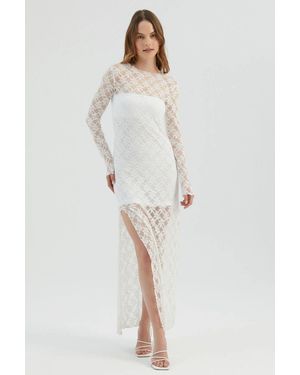 Hiccup Lace High Neck Mesh Maxi Dress With A Side Slit - White